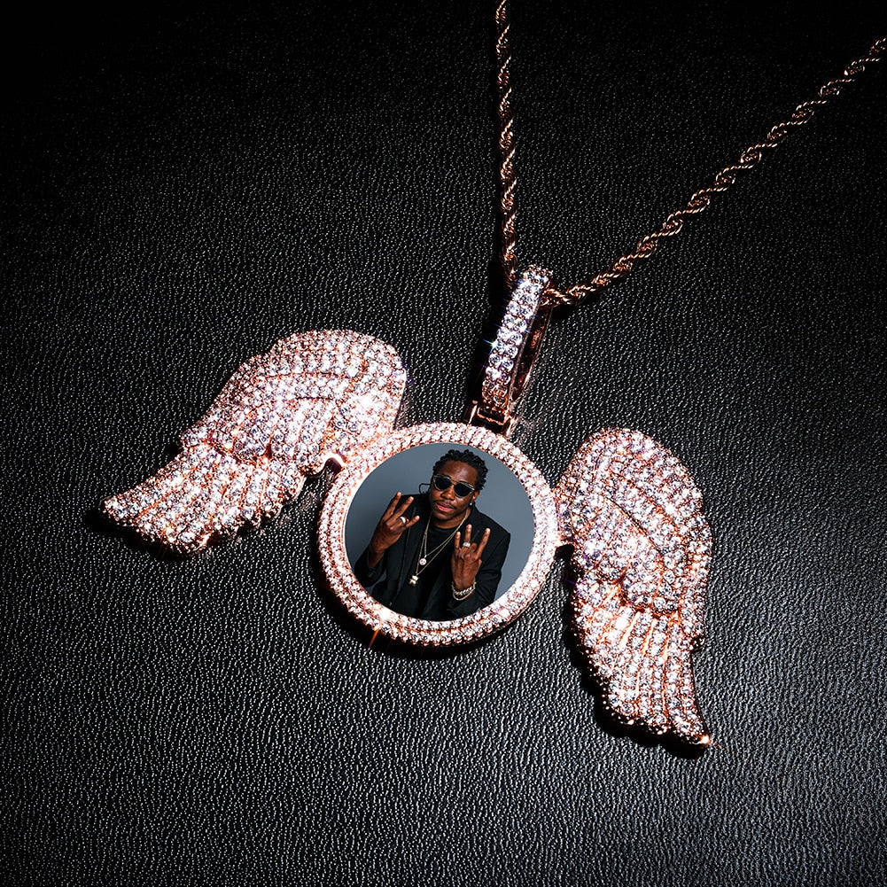 Angel Wings Custom Photo Medallion Necklace Iced Out  Cubic Zirconia Pendant Hip Hop Jewelry