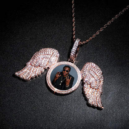 Angel Wings Custom Photo Medallion Necklace Iced Out  Cubic Zirconia Pendant Hip Hop Jewelry