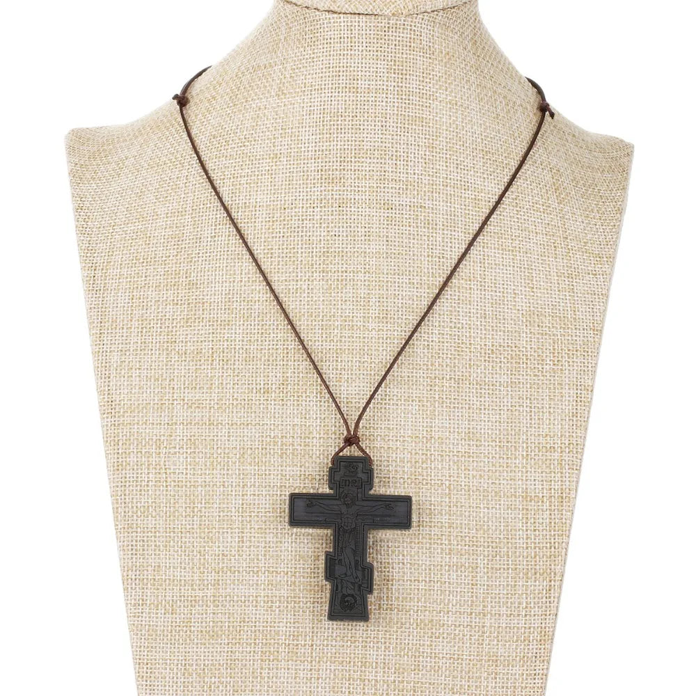 INRI red and black wood cross necklace rope chain religious