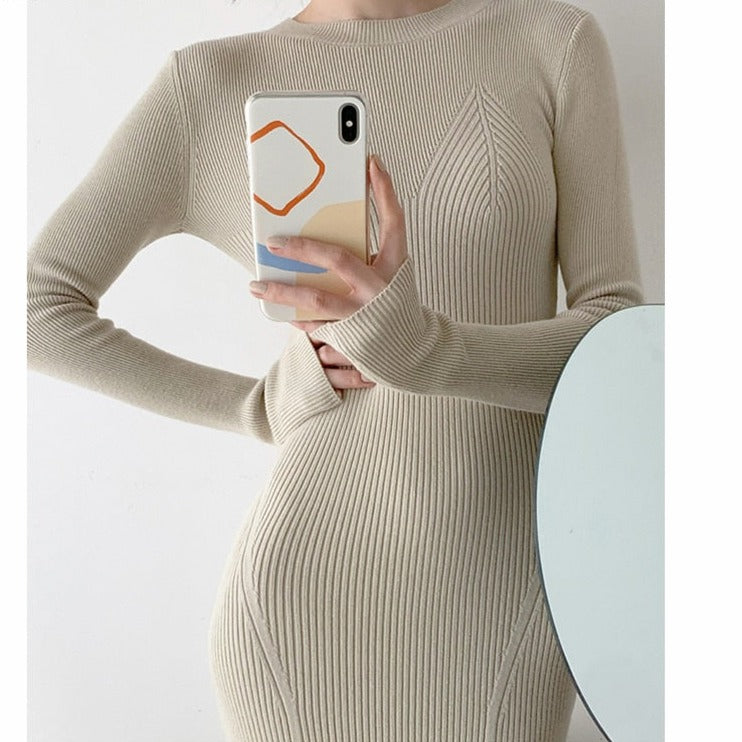 O-neck Slim Sweaters Bodycon Dress Autumn Winter Knitted Vestidos