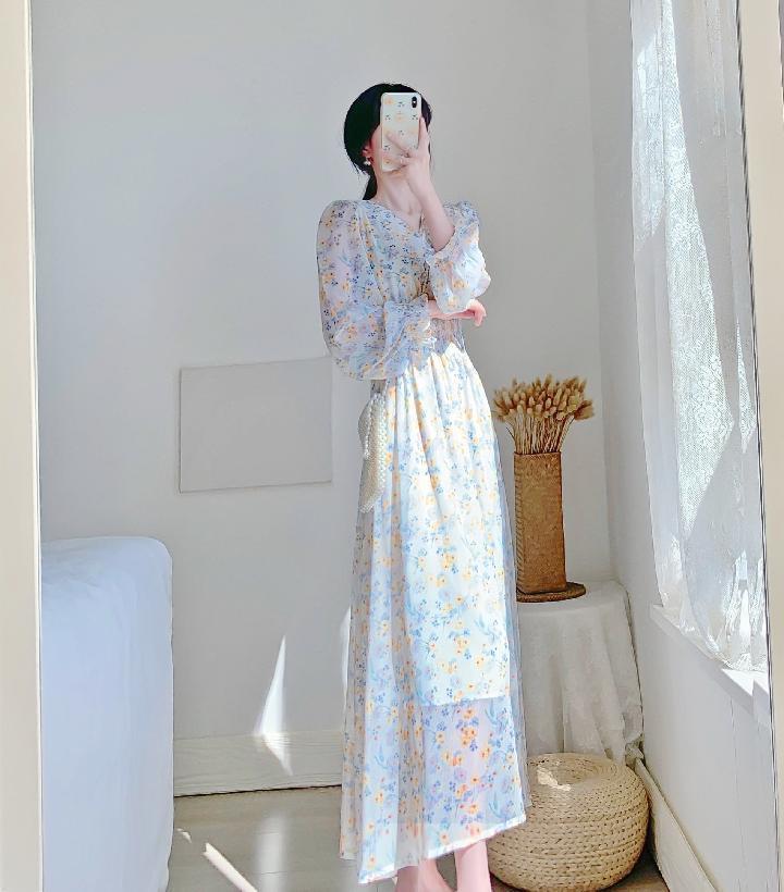 V-neck Chiffon Floral Dress Women Spring Summer Fairy Long Dresses Female