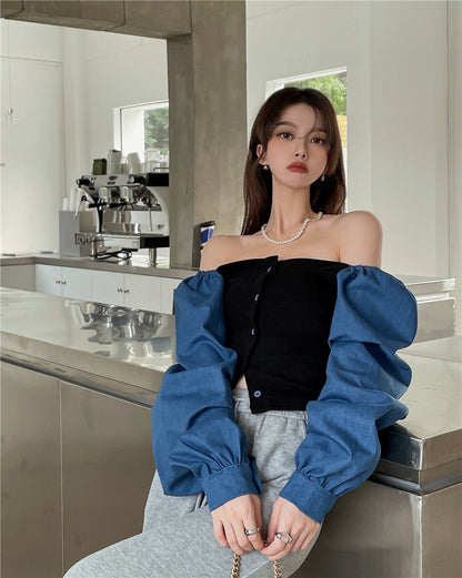 Patchwork Denim Shirts Women French Square Collar Puff Blouses Long Sleeve Crop Tops
