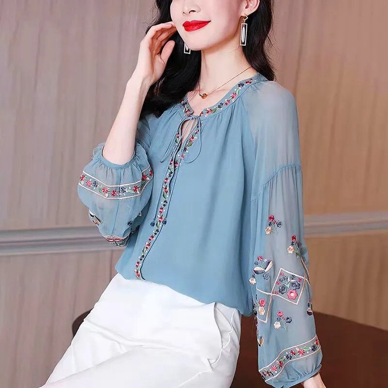 Chiffon Embroidery Blouse Long Lantern Sleeve Loose Top Casual Wear Oversize Casual Wear