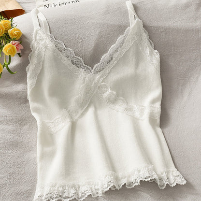 Lace Cami Y2k Tank Top Female V Neck Sleeveless Sexy Blouse Cropped Camisole Knitwear