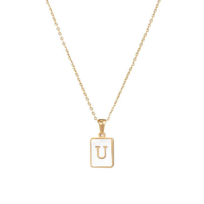 18K Golden Chain Necklaces Male Square Natural Shell Initial Letters Pendant Stainless Steel Jewelry