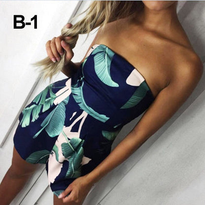 Floral Print Ruffles Strapless Rompers Summer Pleated Chest Wrapped Playsuits Womens Jumpsuit