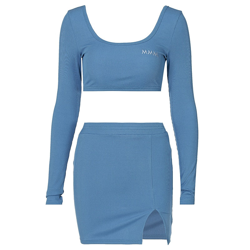 Long Sleeves Solid Navel Low Neck Bodycon Top Sexy Mini Dress Set