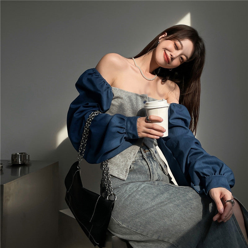 Patchwork Denim Shirts Women French Square Collar Puff Blouses Long Sleeve Crop Tops