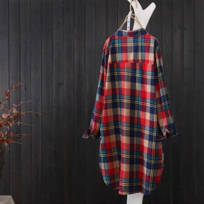 100% Cotton Plaid Shirt Long Sleeve Button Up Casua Loose Blouse Plus Size