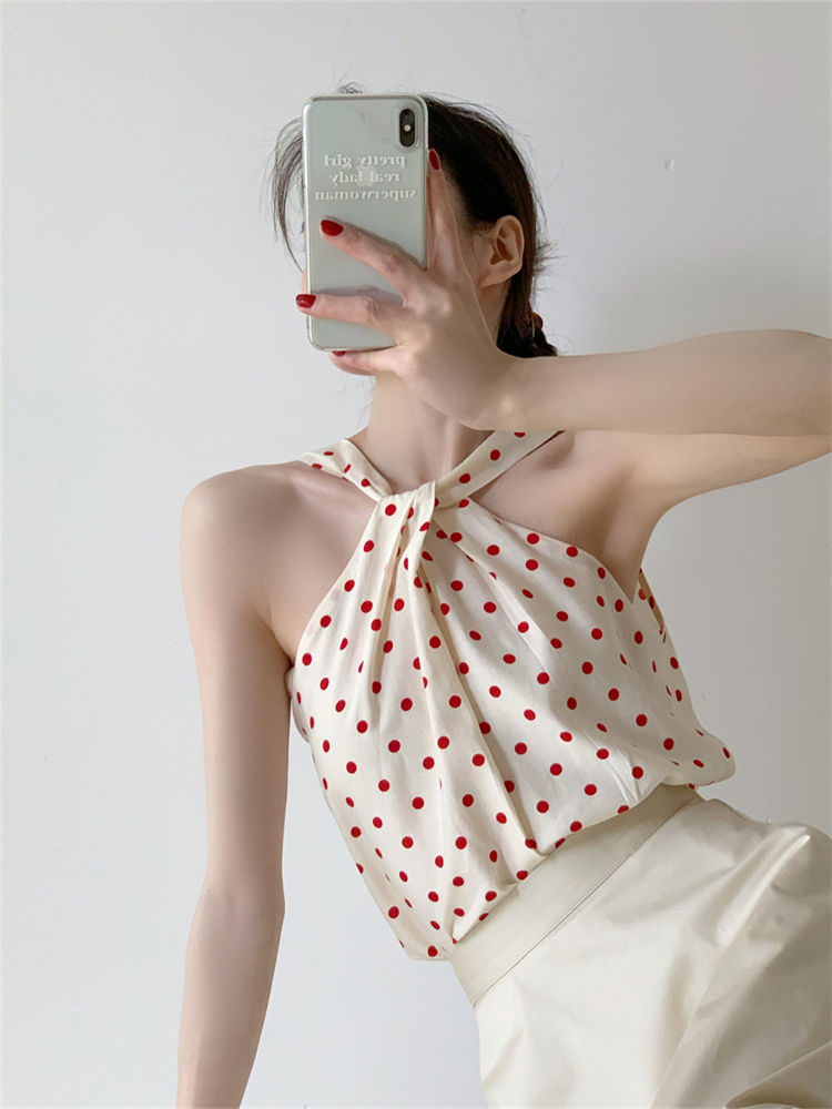 Backless Camis Women Summer Polka Dot Twist Halterneck Vest Female Casual Chiffon Tops