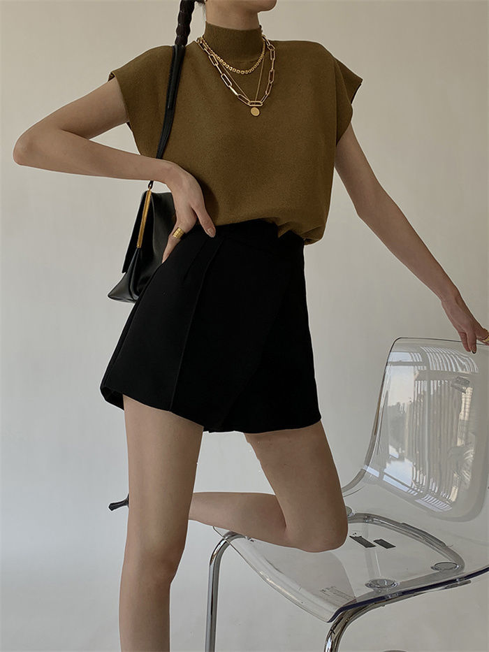 French Turtleneck Knitted Women Spring Summer Design Loose Short Sleeve Cropped Tops Female