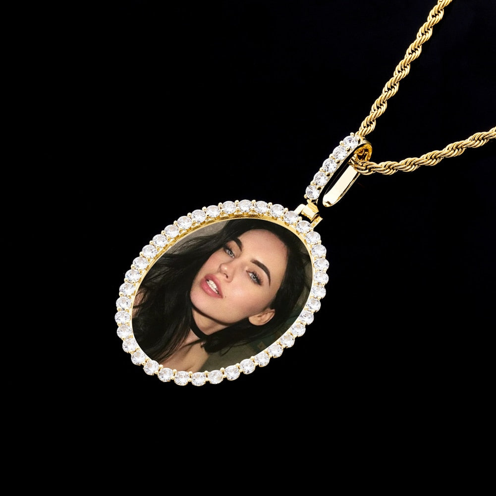 Custom Photo Pendant Oval Medal Pendant Ice Zircon Pendant Necklace Fashion Hip Hop Jewelry