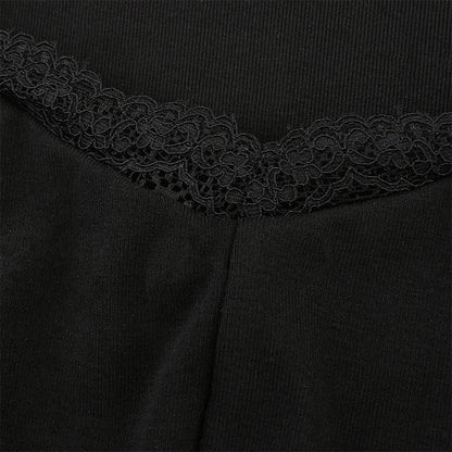 Square Neck Lace Patchwork Bodycon Black Dress Women Cotton Side Split Autumn Dress