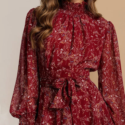 Spring Vintage Perspective Floral Print Dress Women Long Sleeve Chiffon A Line Mini Dress Vestidos