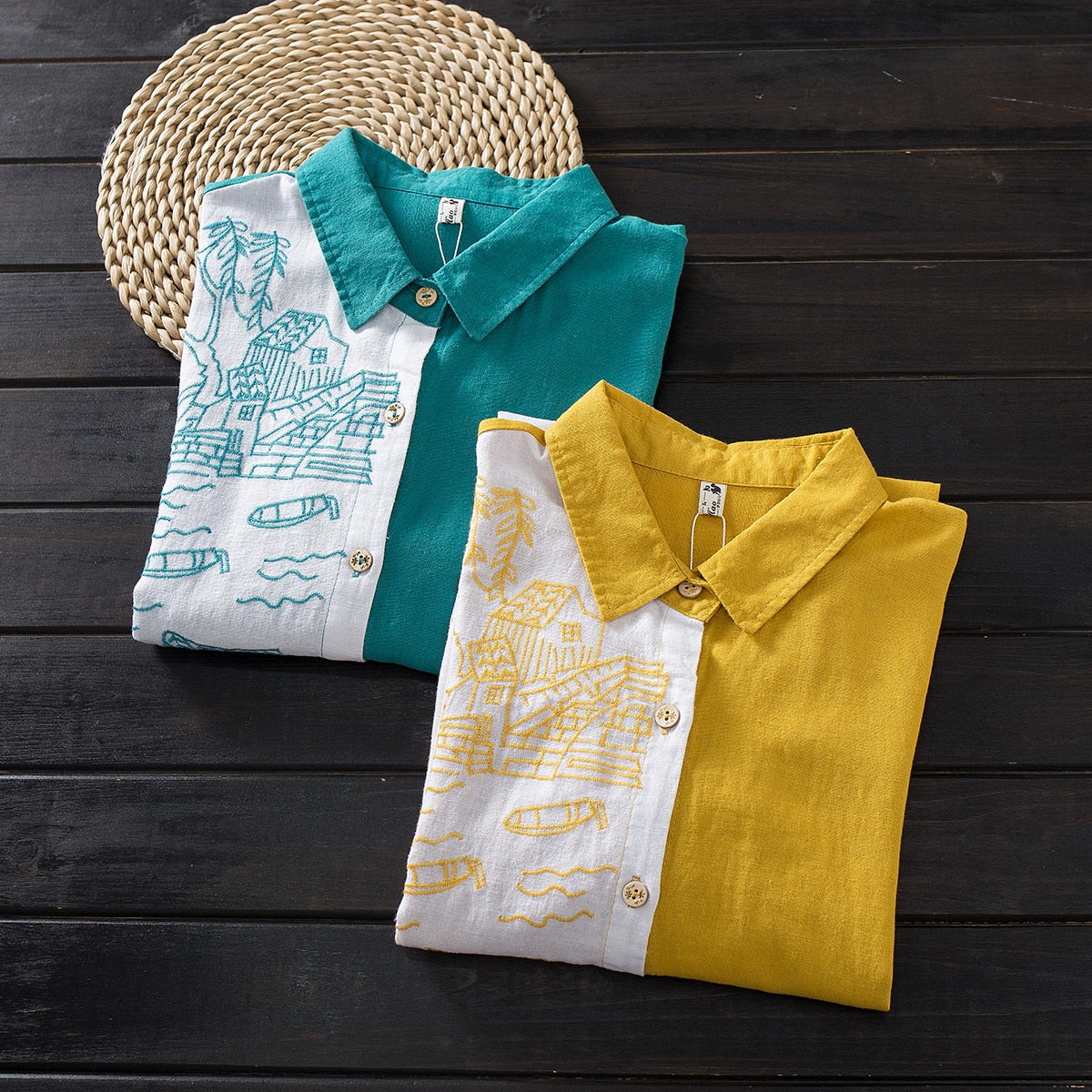 Women Cotton Linen Embroidery Blouse Long Sleeve Patchwork Color Top
