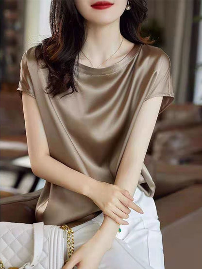 Silk Thin Short Sleeve Tees Style Slip Woman Summer Clothes Brown Tops Solid Loose Casual