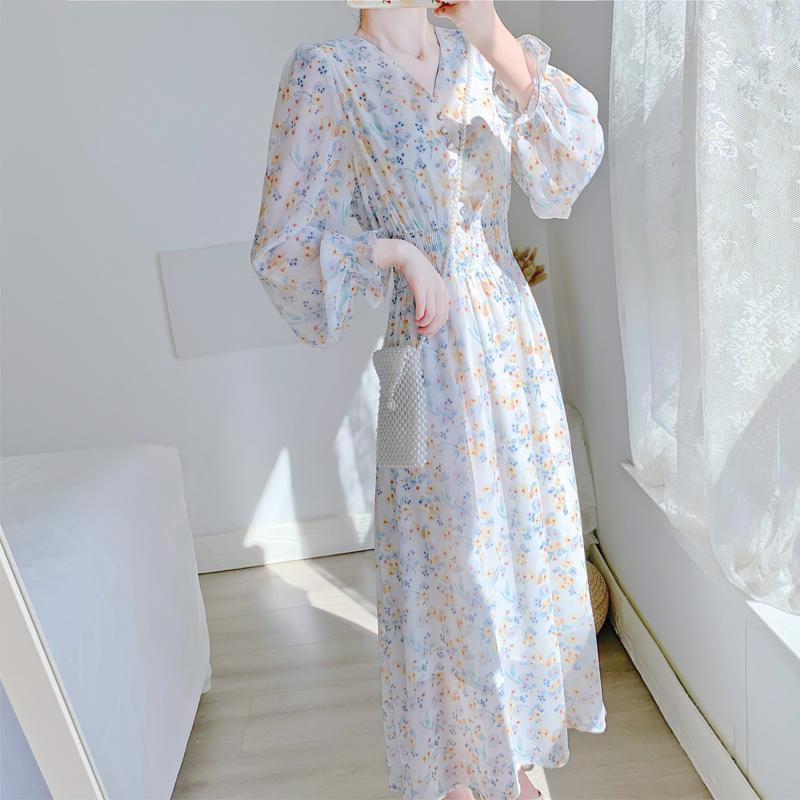 V-neck Chiffon Floral Dress Women Spring Summer Fairy Long Dresses Female