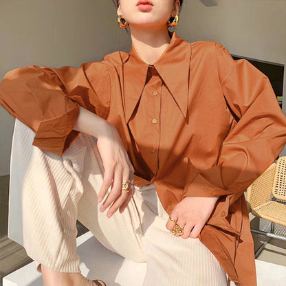 Big Pointed Collar White Blouses For Women Vintage Loose Long Sleeve Shirt