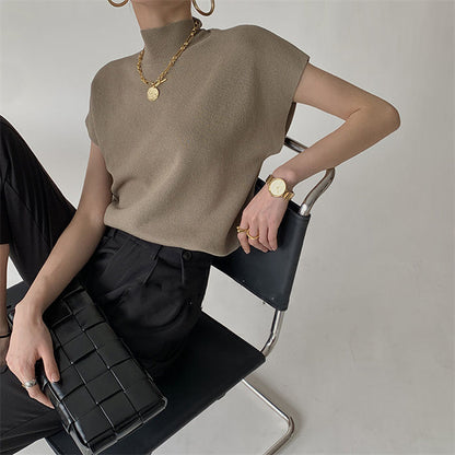 French Turtleneck Knitted Women Spring Summer Design Loose Short Sleeve Cropped Tops Female