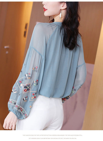 Chiffon Embroidery Blouse Long Lantern Sleeve Loose Top Casual Wear Oversize Casual Wear