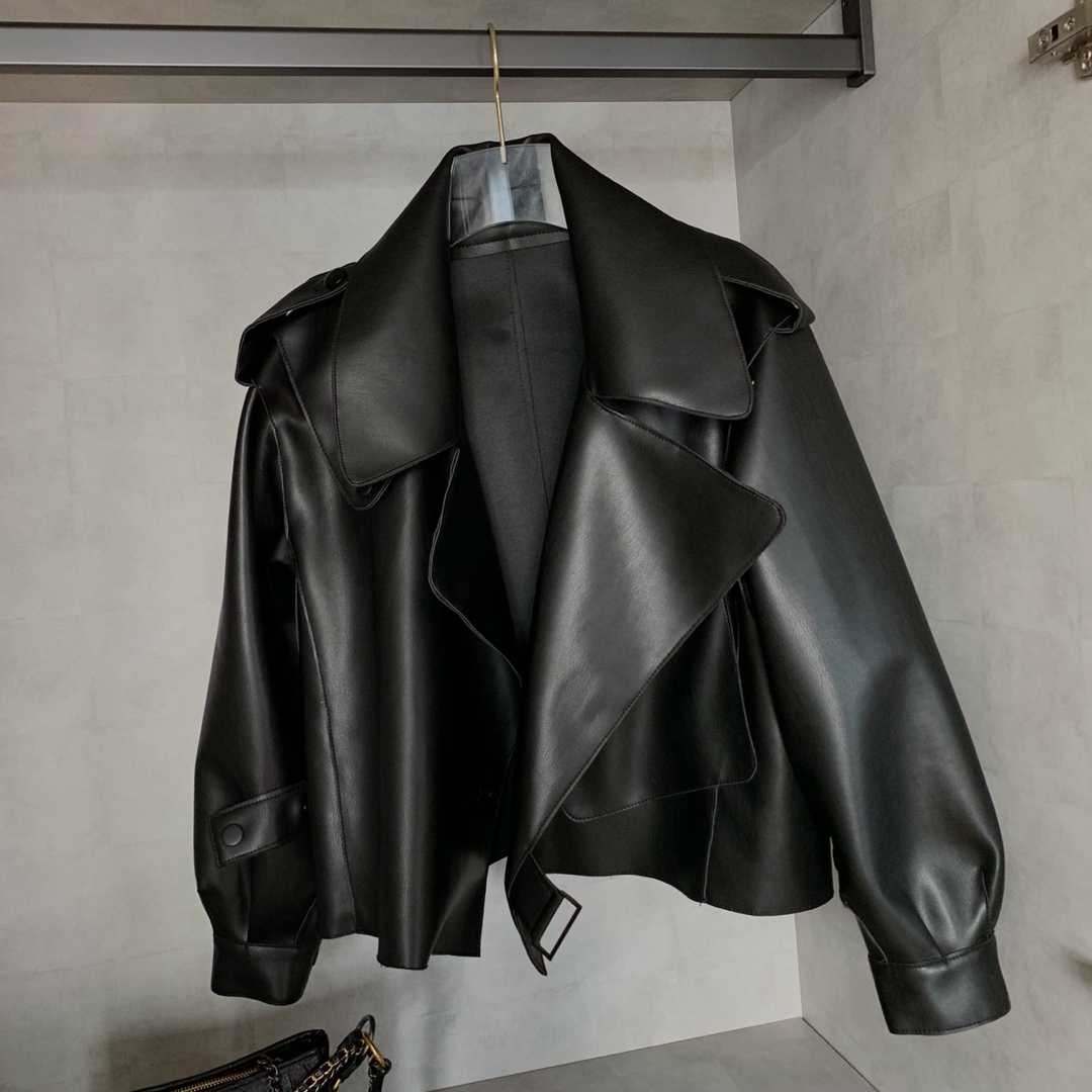 Women Pu Motorcycle Biker Faux Leather Jacket Turndown Collar Loose Punk Outerwear