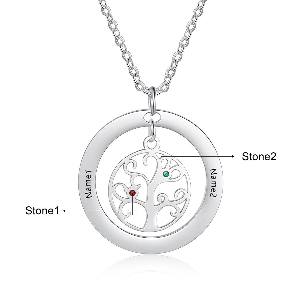 Tree of Life Name Necklace with Birthstone Name Engraved Pendant Family