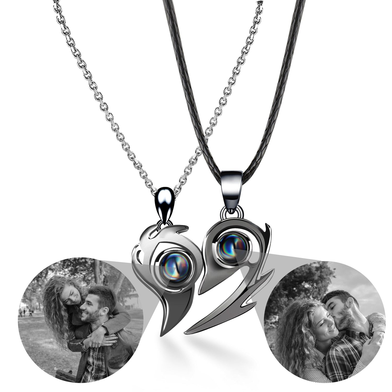 Flame Heart Shaped Custom Photo Projection Couples Necklaces