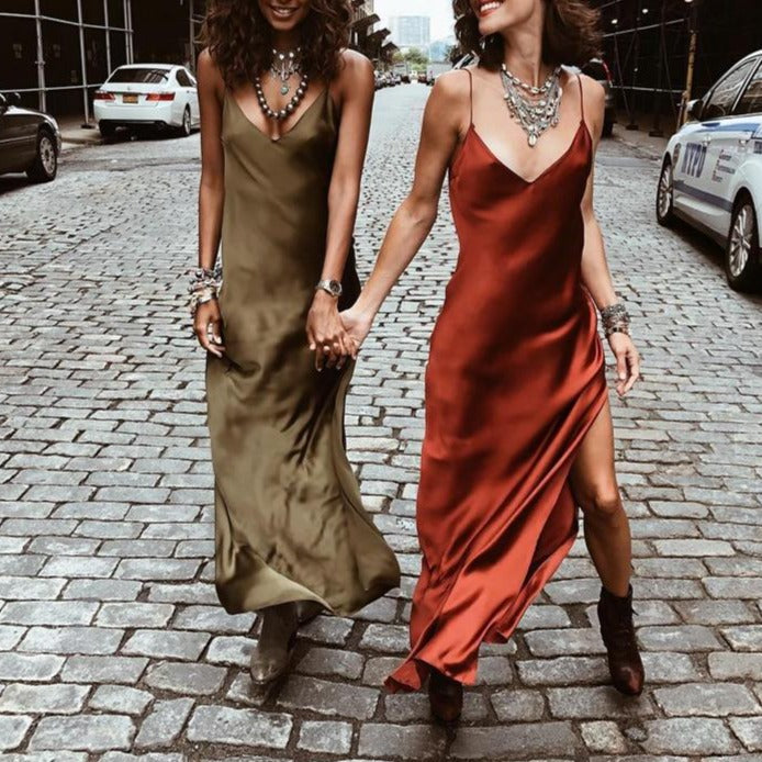 Satin V Neck Maxi Dress Women Spaghetti Strap Sleeveless Backless Side Split Long Dresses Lady Vestido