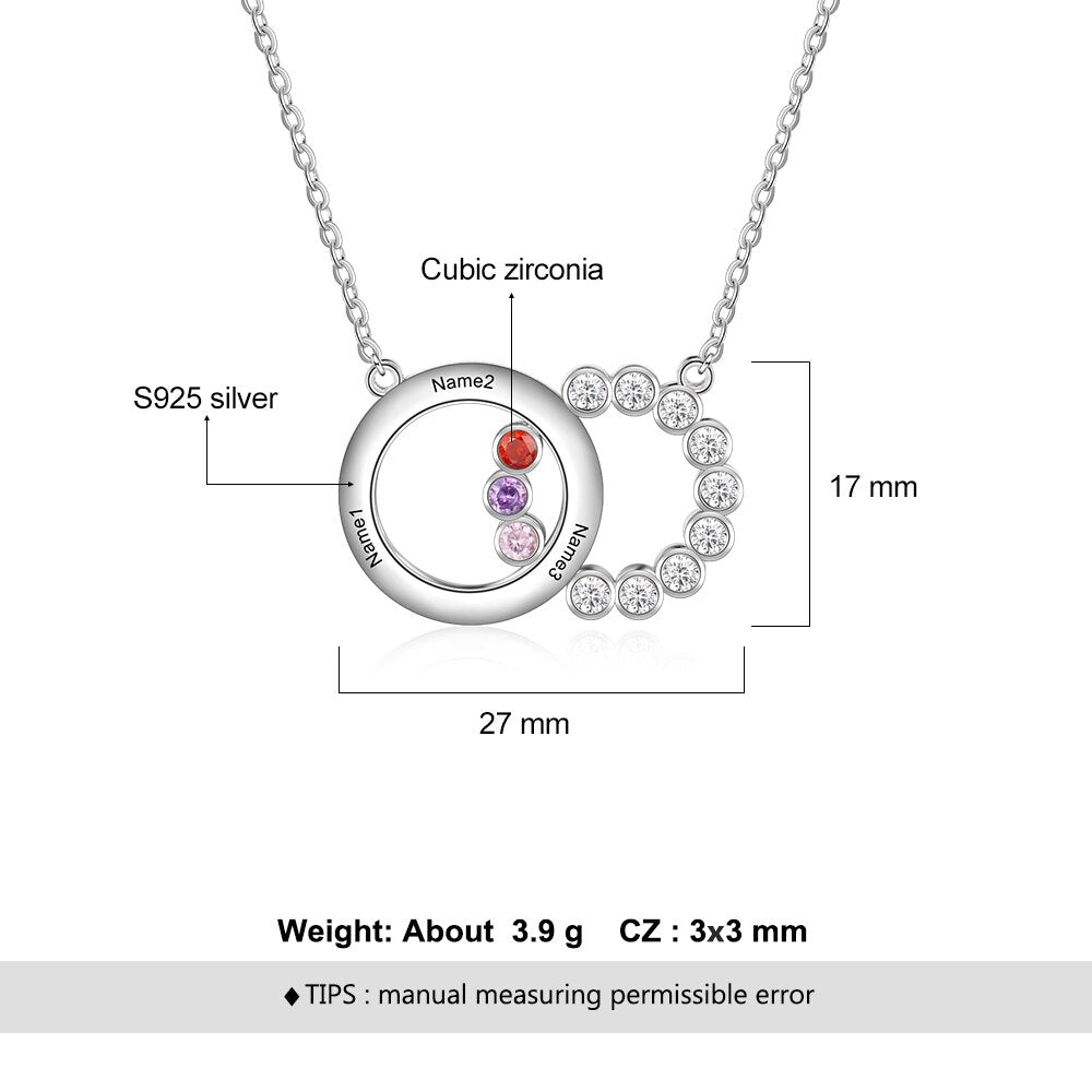 Personalized Name Interlocking Circle Pendants Custom 3 Birthstones Necklaces