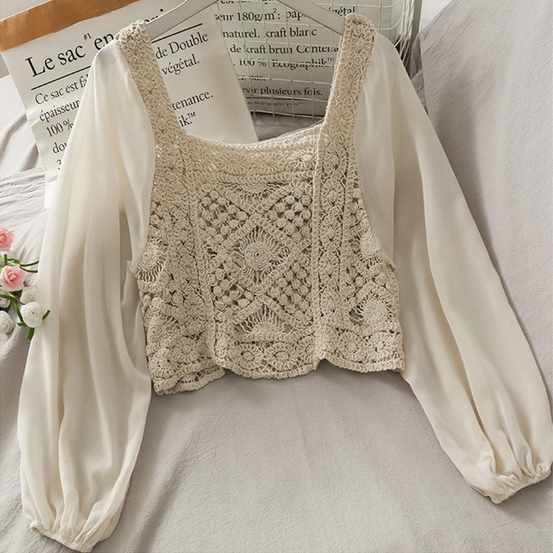 Vintage Women Thin Shirts Hollow Puff Sleeve Square Collar Slim Blouses Ladies Tops