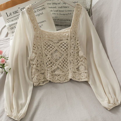 Vintage Women Thin Shirts Hollow Puff Sleeve Square Collar Slim Blouses Ladies Tops