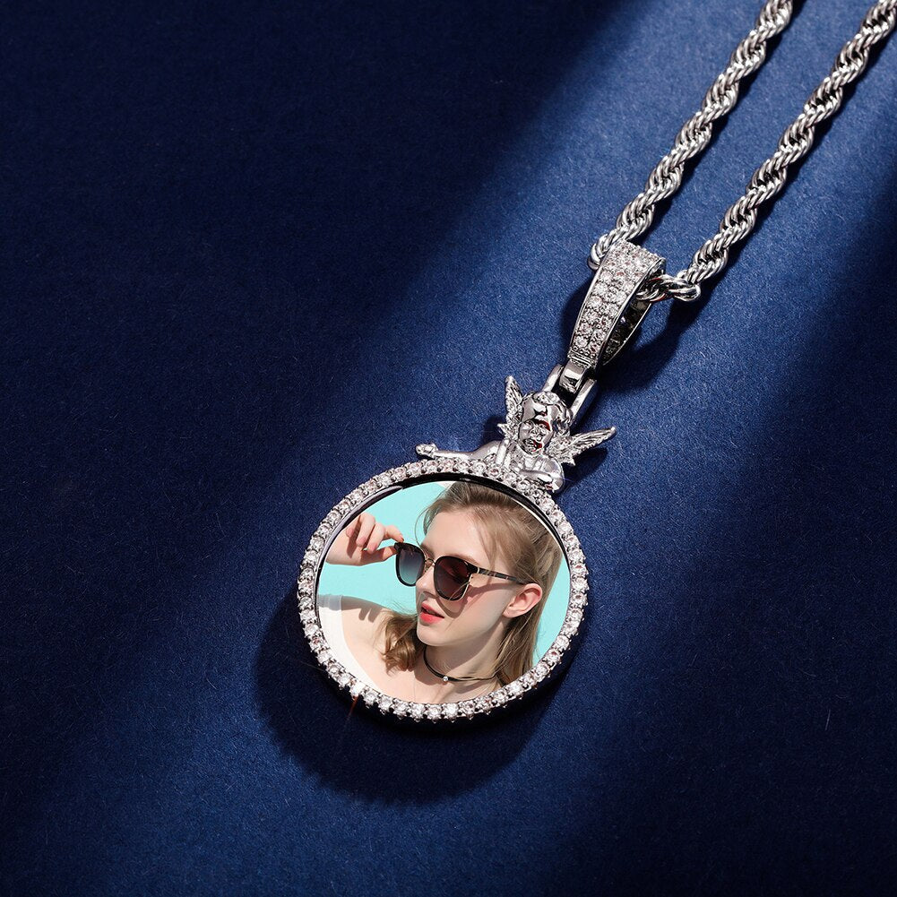 Personalized Custom Photo Pendan Round With Angel Accessories Jewelry