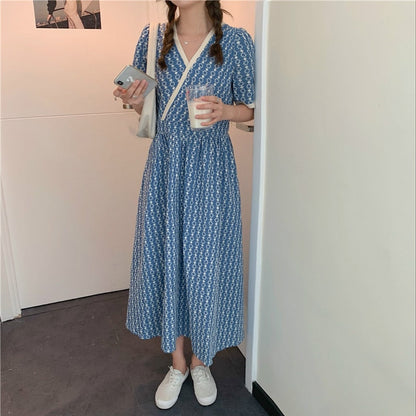 Women Summer V Neck Jacquard Floral Long Dress High Waist Short Sleeve Exquisite Midi Dresses