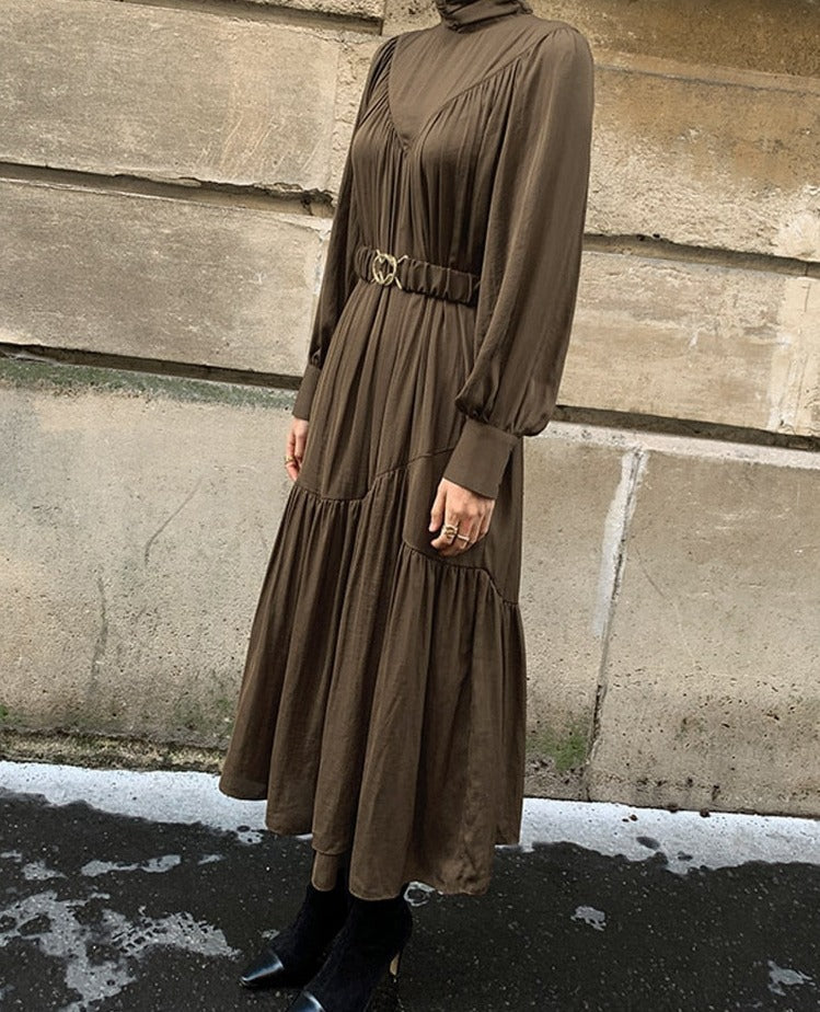 Mid-Long Loose Dress Female Vintage Turtleneck Spring Dress Vestidos Femme Robe