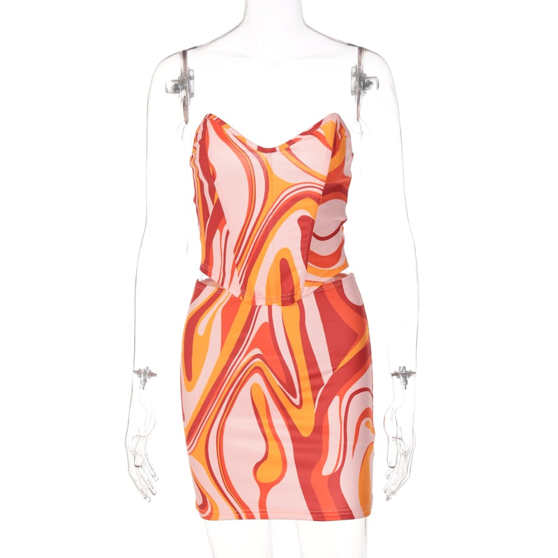 Print Off Shoulder Sleeveless Colorful Crop Top Mini Dress 2 Pieces Suit