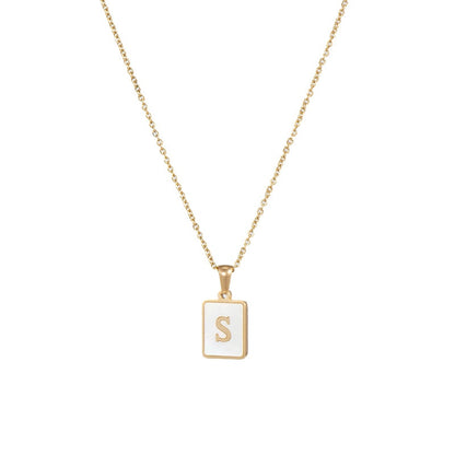 18K Golden Chain Necklaces Male Square Natural Shell Initial Letters Pendant Stainless Steel Jewelry