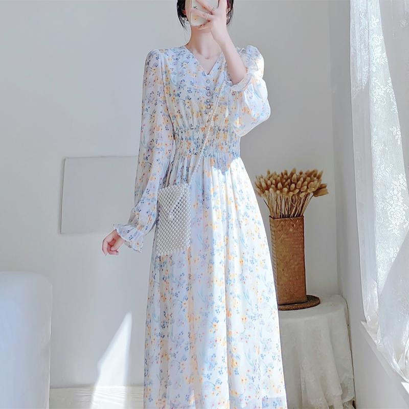 V-neck Chiffon Floral Dress Women Spring Summer Fairy Long Dresses Female