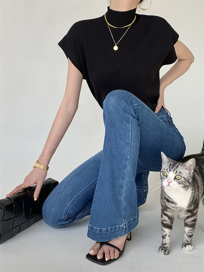 French Turtleneck Knitted Women Spring Summer Design Loose Short Sleeve Cropped Tops Female