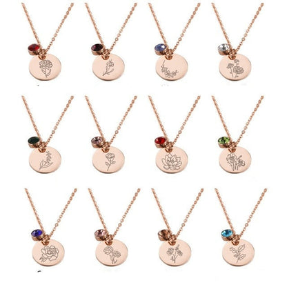 Stainless Steel Birth Flower Necklaces Birthstone Choker Necklace