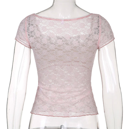 Trim Crop Top Bow Cute Sweet T Shirt Women Retro Short Sleeve Lace Patched Tshirt