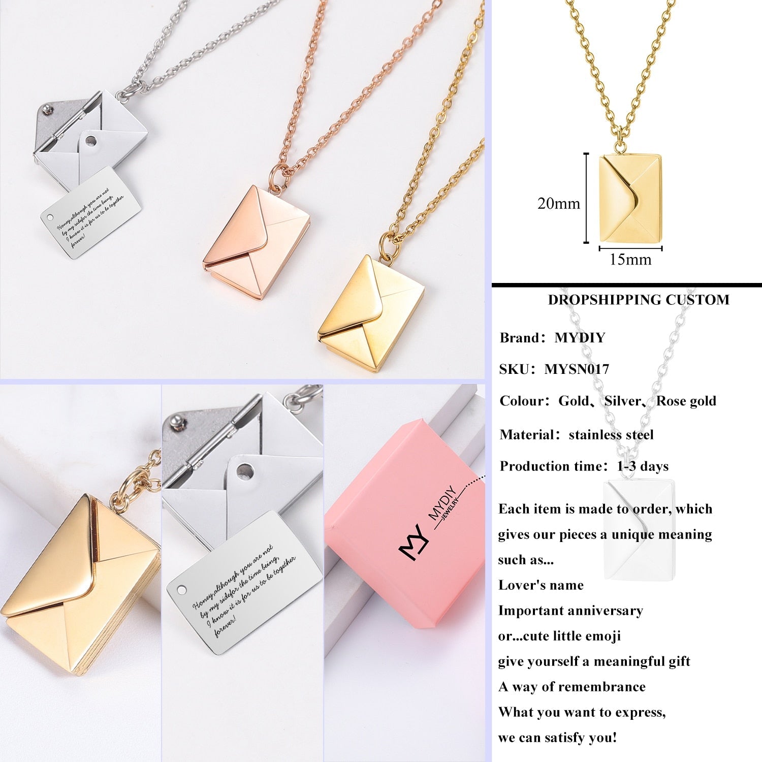 Personalized Custom Envelope Custom Photo Engraved Name Necklace Pendant