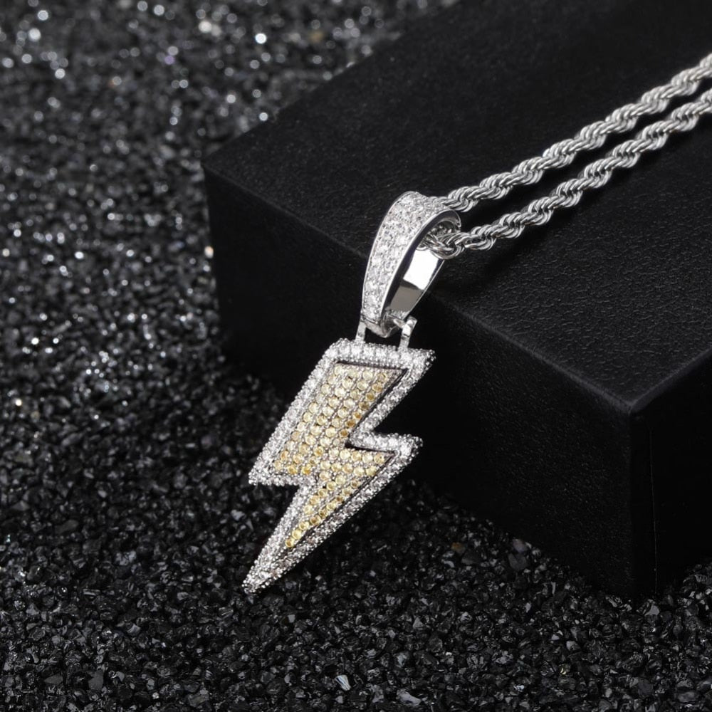 Iced Out Bling Lightning Pendants With Tennis Chain Copper Material Men&