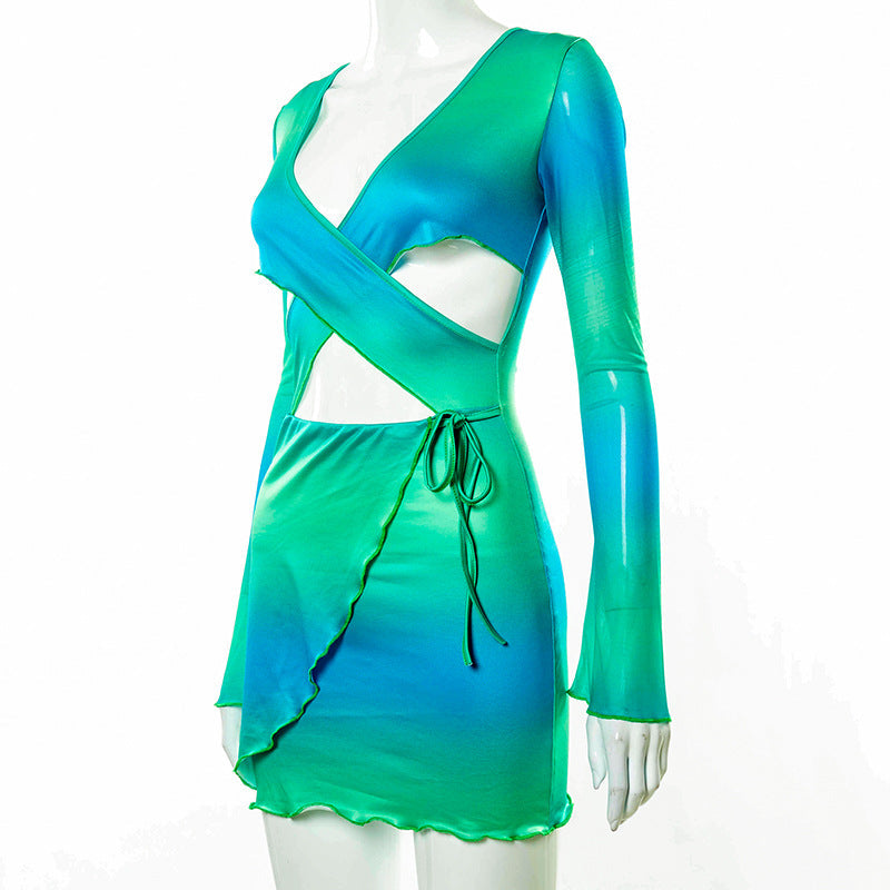 Sexy Tie Dye Bodycon Mini Dress Women Hollow Out Long Sleeve Mesh Skinny Summer 2022