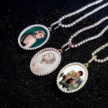Custom Photo Pendant Oval Medal Pendant Ice Zircon Pendant Necklace Fashion Hip Hop Jewelry