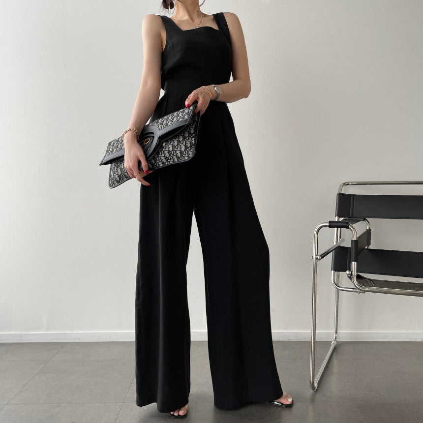 Office Ladies 2-Piece Women Square Neck Loose Vest Top + High Waist Pleated Wide Leg Pants