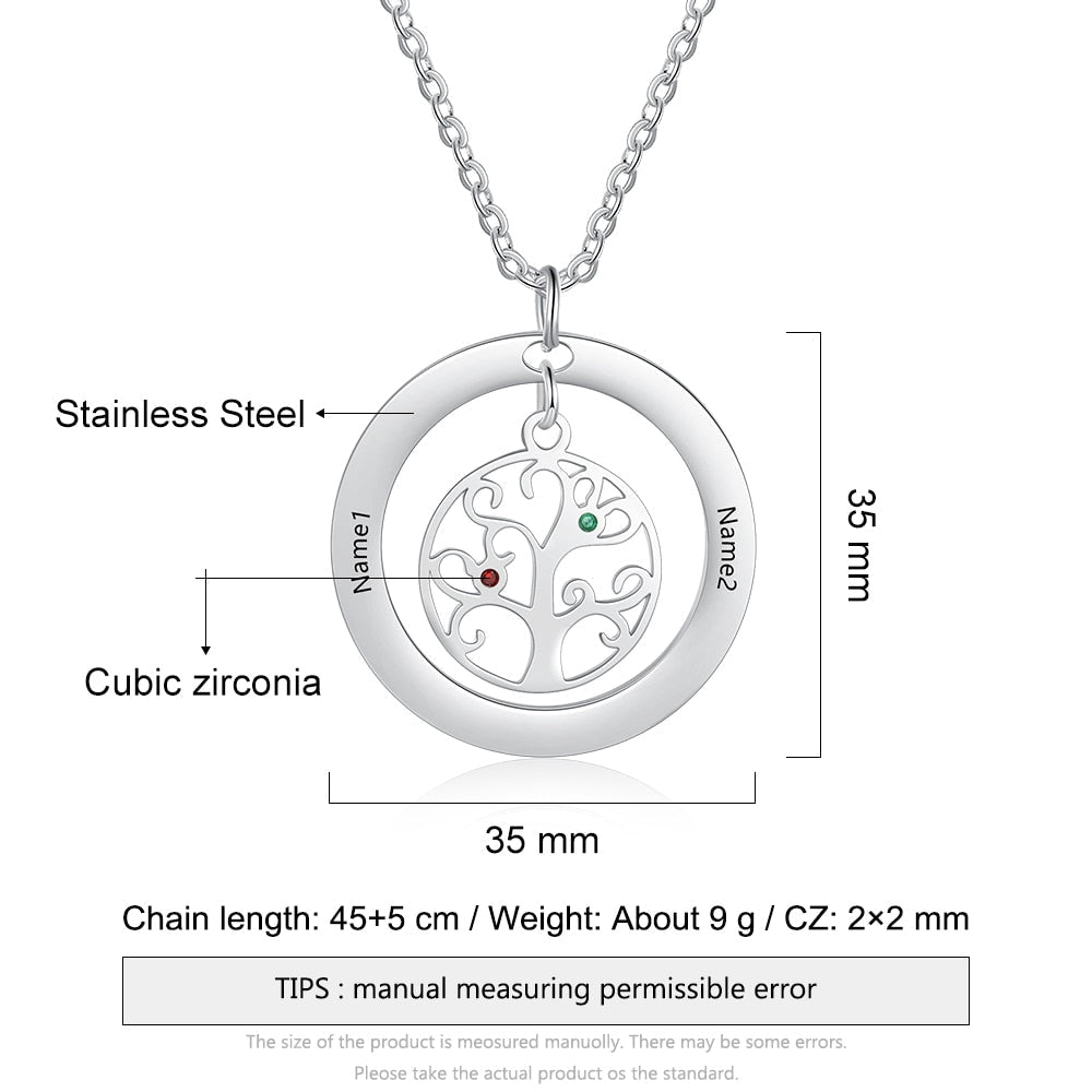 Tree of Life Name Necklace with Birthstone Name Engraved Pendant Family