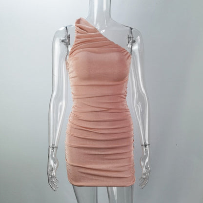 Elegant One Shoulder Party Dresses For Women Sleeveless Ruched Bodycon Dress Sexy Mini Summer Dress