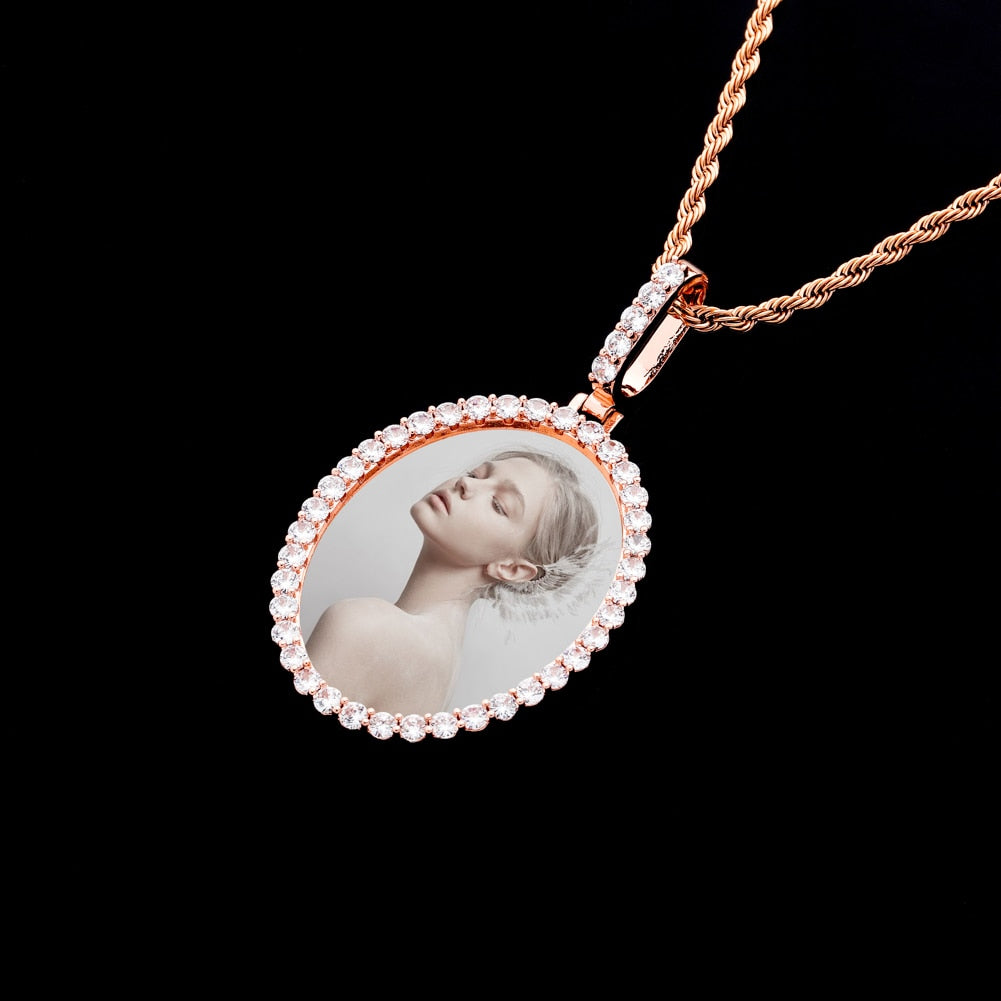 Custom Photo Pendant Oval Medal Pendant Ice Zircon Pendant Necklace Fashion Hip Hop Jewelry