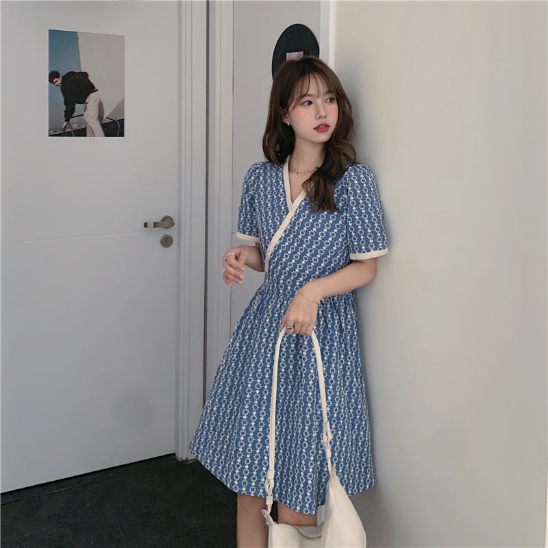 Women Summer V Neck Jacquard Floral Long Dress High Waist Short Sleeve Exquisite Midi Dresses