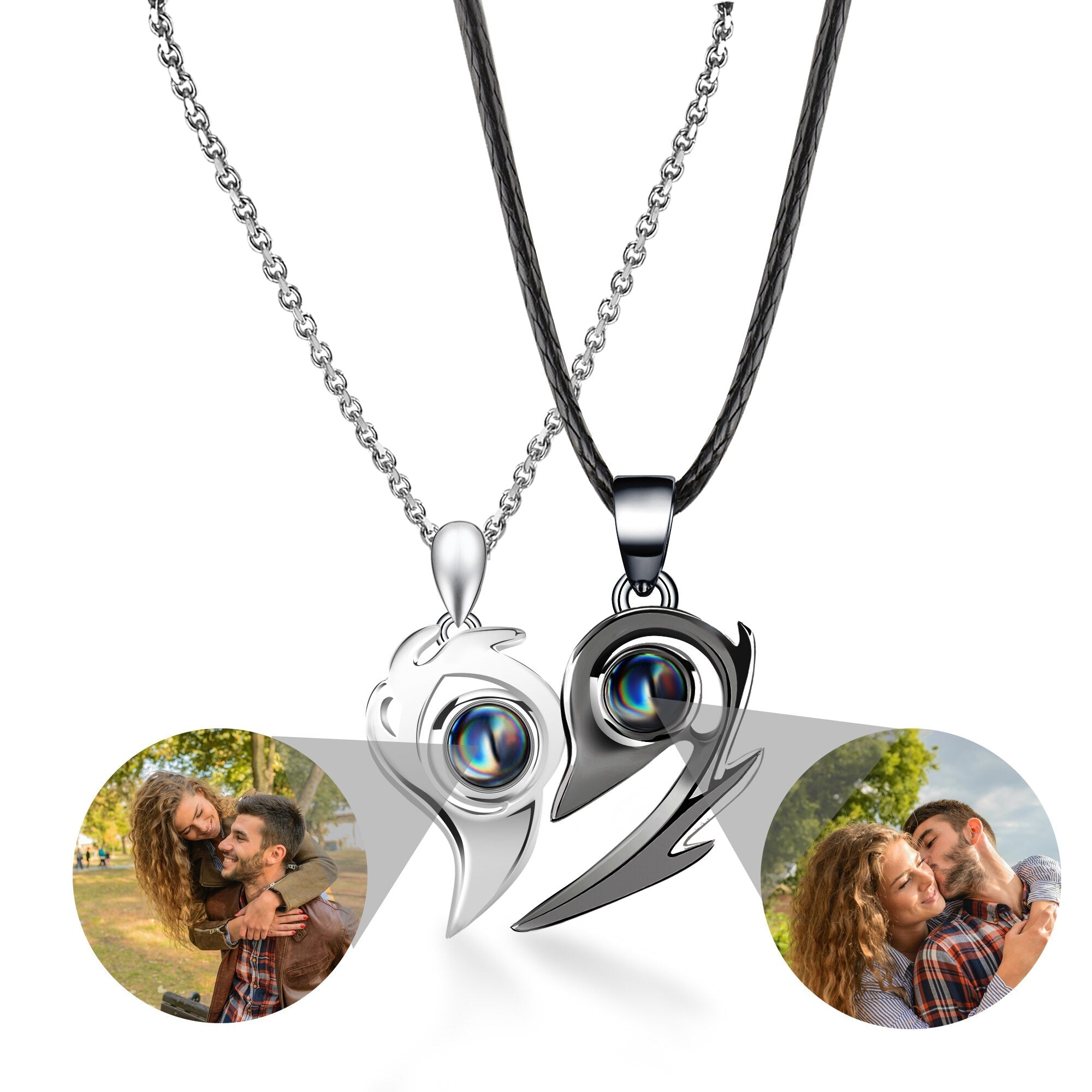 Flame Heart Shaped Custom Photo Projection Couples Necklaces
